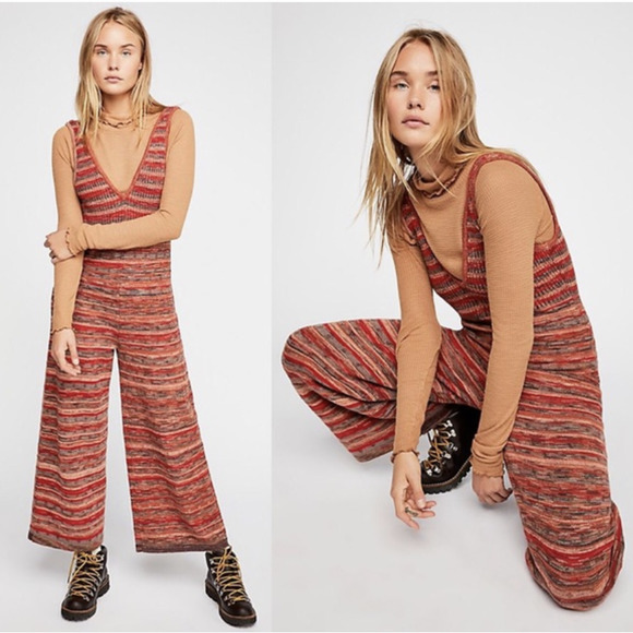 Free People Pants - Free People M Striped Pink Knit Wide Leg Jumpsuit